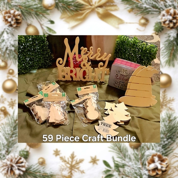 NWT 59Pc Christmas 🎄 Craft Bundle | Wood Ornaments | Tin Container | Wood Signs - Picture 2 of 16